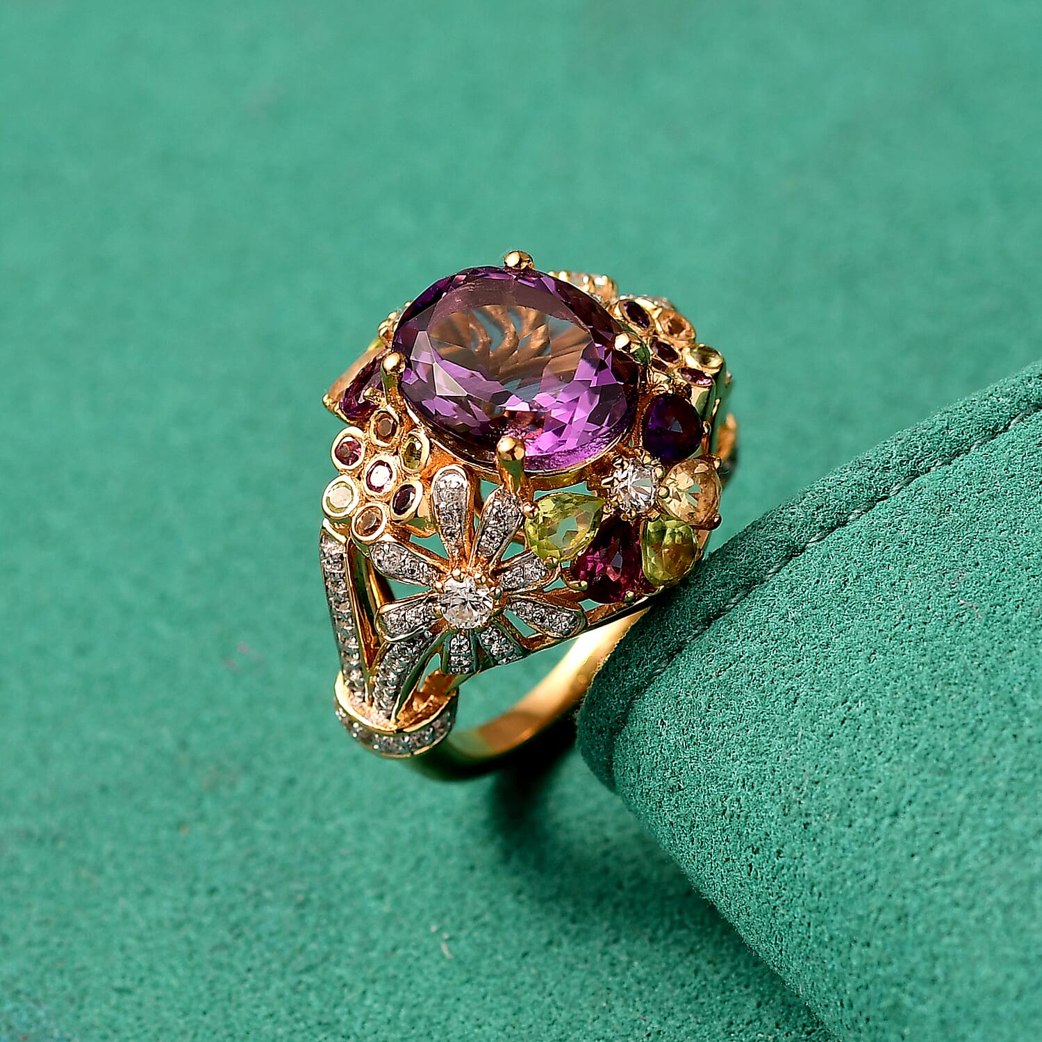 GP AAA Rose De France Amethyst and Multi Gemstone 12.00 ctw Ring in 18K Vermeil Yellow Gold Over Sterling Silver (Size 10.0)