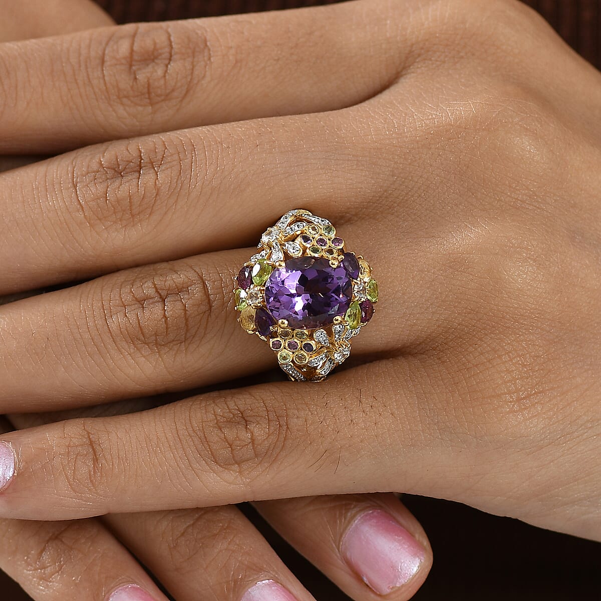 GP Italian Garden Collection AAA Rose De France Amethyst and Multi Gemstone 8.50 ctw Ring in 18K Vermeil Yellow Gold Over Sterling Silver (Size 7.0) image number 2