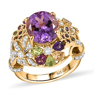 GP Italian Garden Collection AAA Rose De France Amethyst and Multi Gemstone 8.50 ctw Ring in 18K Vermeil Yellow Gold Over Sterling Silver (Size 9.0) 