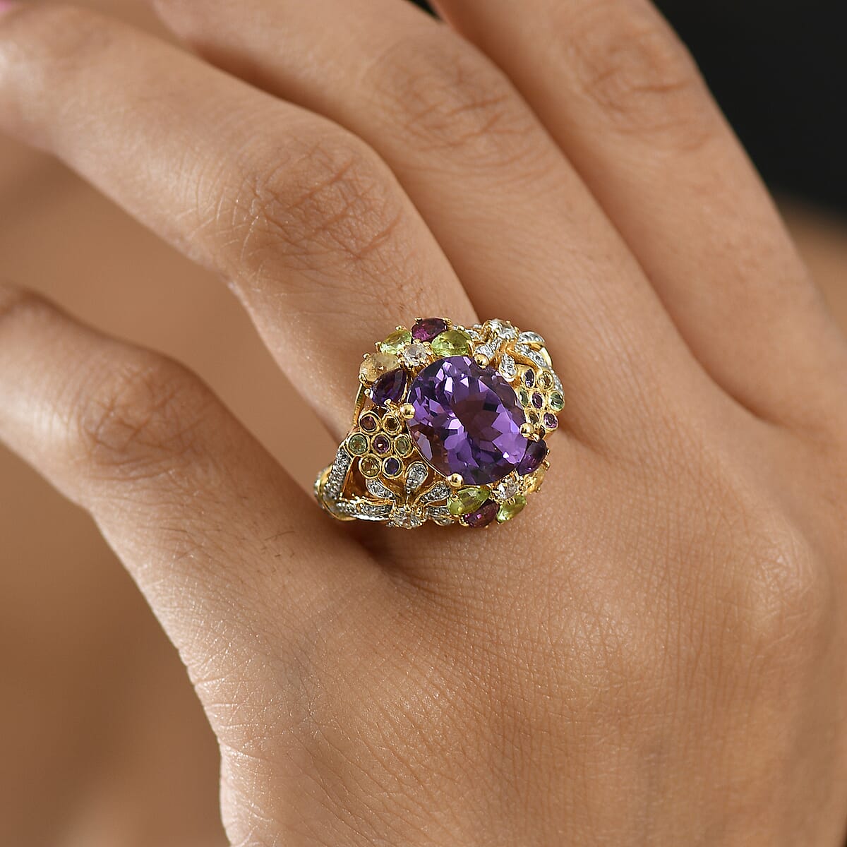 GP Italian Garden Collection AAA Rose De France Amethyst and Multi Gemstone 8.50 ctw Ring in 18K Vermeil Yellow Gold Over Sterling Silver (Size 9.0)  image number 3