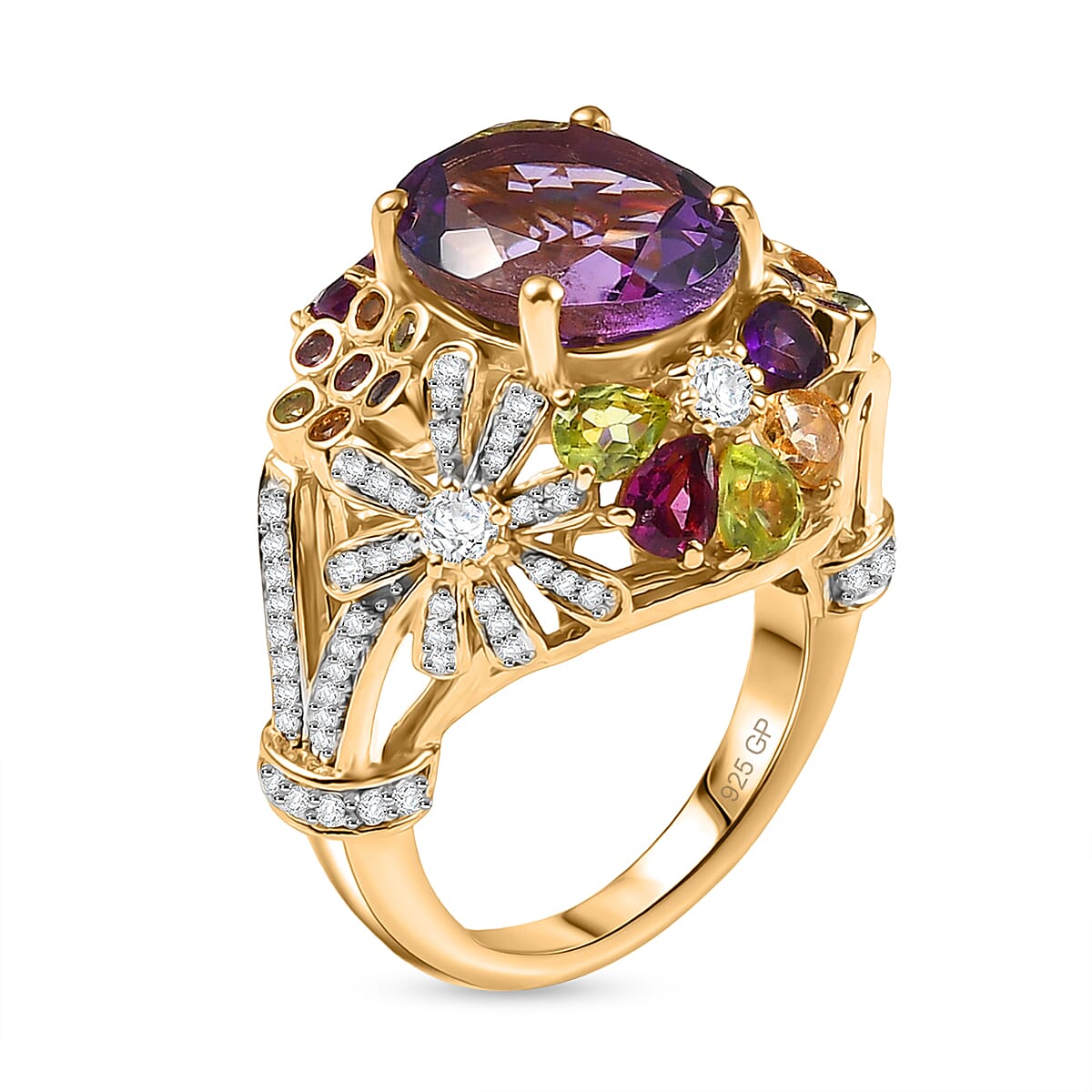 GP Italian Garden Collection AAA Rose De France Amethyst and Multi Gemstone 8.50 ctw Ring in 18K Vermeil Yellow Gold Over Sterling Silver (Size 9.0)  image number 4