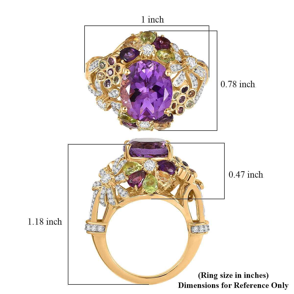GP Italian Garden Collection AAA Rose De France Amethyst and Multi Gemstone 8.50 ctw Ring in 18K Vermeil Yellow Gold Over Sterling Silver (Size 9.0)  image number 6