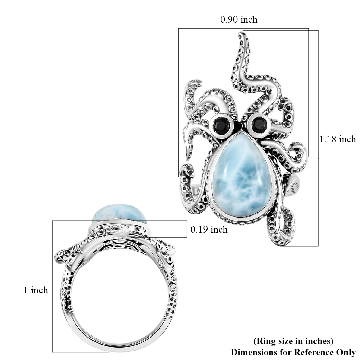 GP Capri Special Collection Premium Larimar and Thai Black Spinel 7.00 ctw Octopus Ring in Sterling Silver (Size 10.0) image number 6