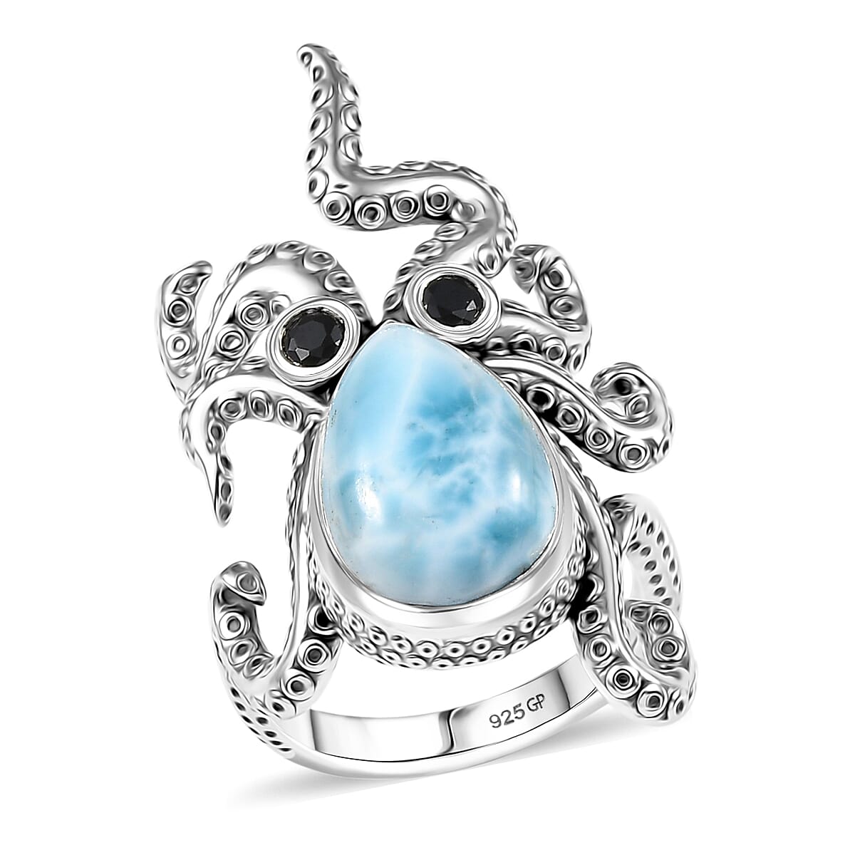 GP Capri Special Collection Premium Larimar and Thai Black Spinel 7.00 ctw Octopus Ring in Sterling Silver (Size 6.0)