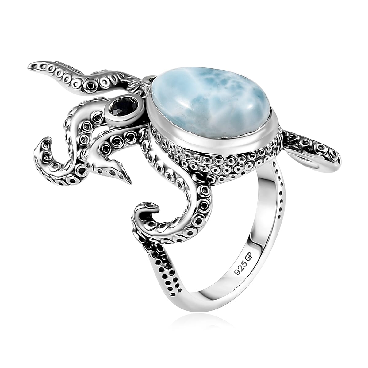 GP Capri Special Collection Premium Larimar and Thai Black Spinel 7.00 ctw Octopus Ring in Sterling Silver (Size 8.0) image number 4