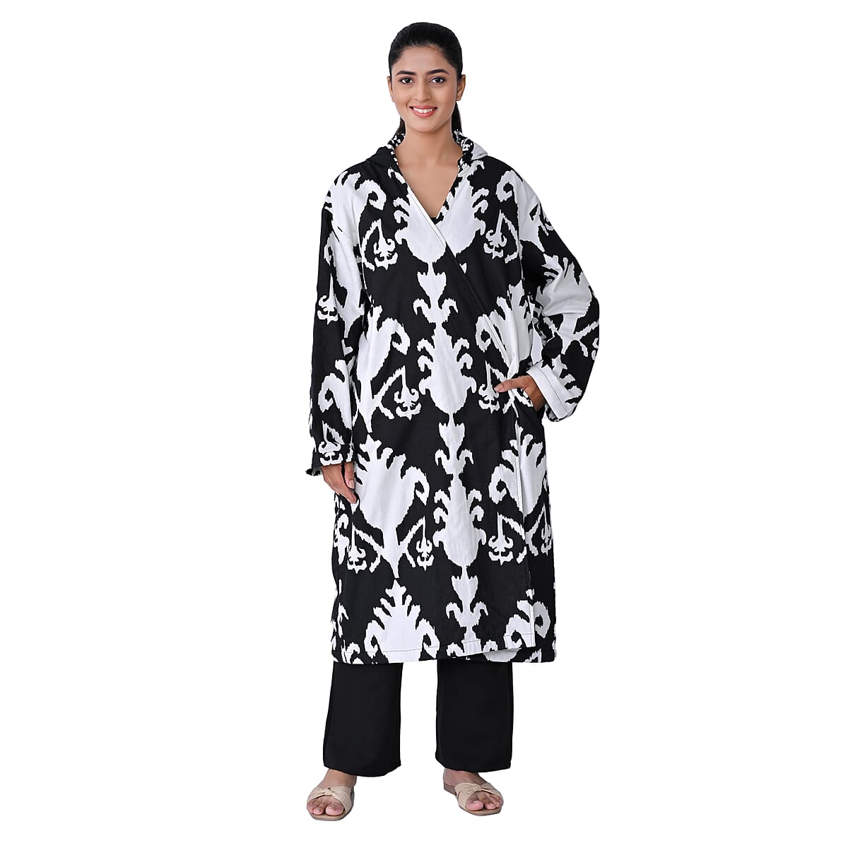 LA MAREY Black Ikat 100% Cotton Cambric Hand Printed Oversize Long Coat with Hood and Pockets- One Size Fits Most image number 0