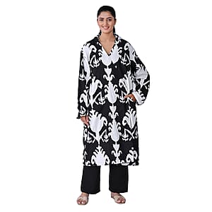 LA MAREY Black Ikat 100% Cotton Cambric Hand Printed Oversize Long Coat with Hood and Pockets- One Size Fits Most