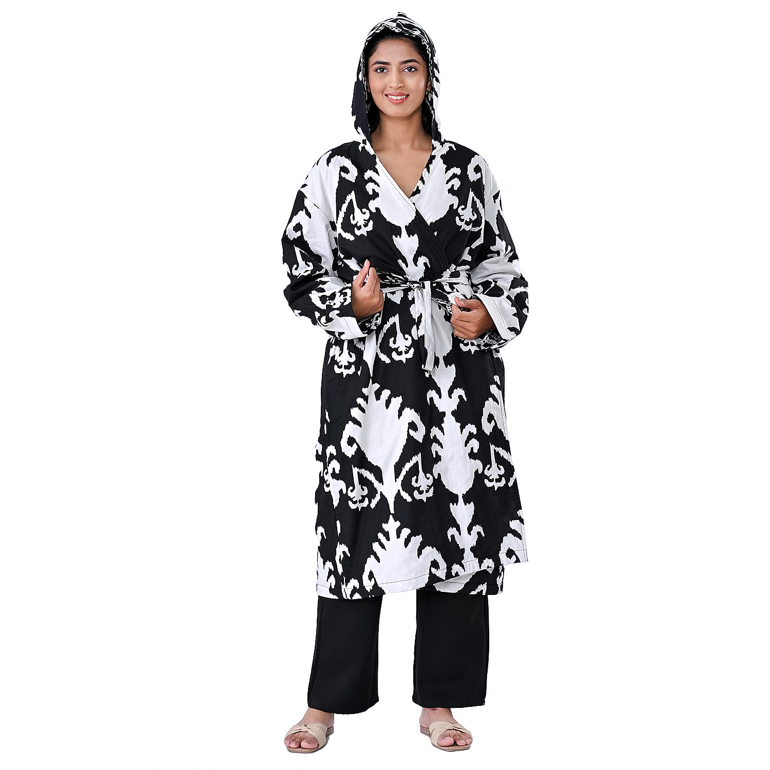 LA MAREY Black Ikat 100% Cotton Cambric Hand Printed Oversize Long Coat with Hood and Pockets- One Size Fits Most