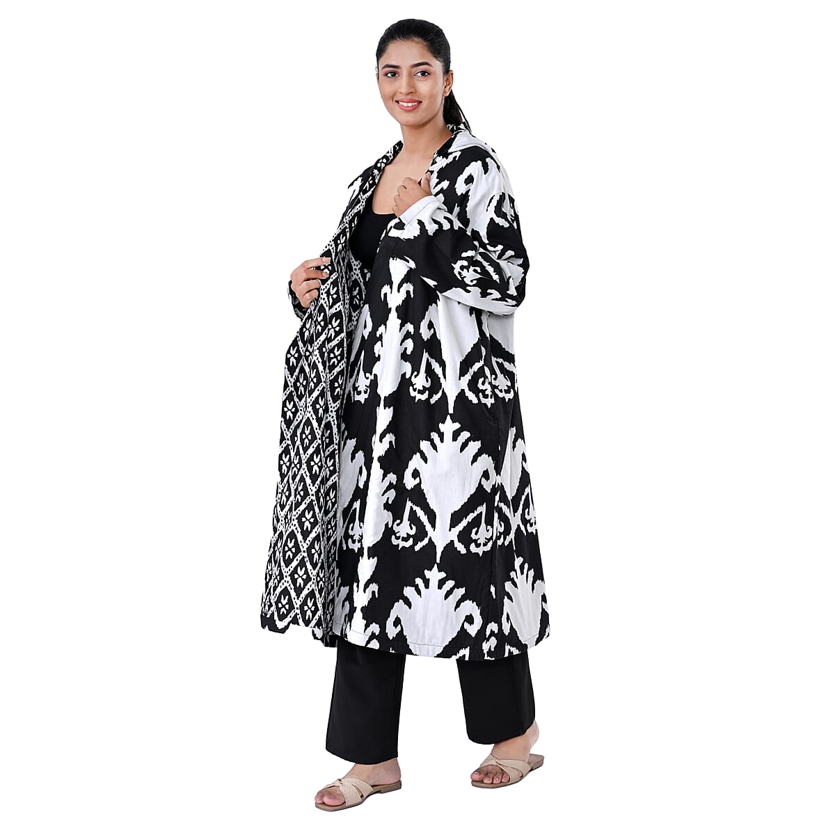 LA MAREY Black Ikat 100% Cotton Cambric Hand Printed Oversize Long Coat with Hood and Pockets- One Size Fits Most image number 2
