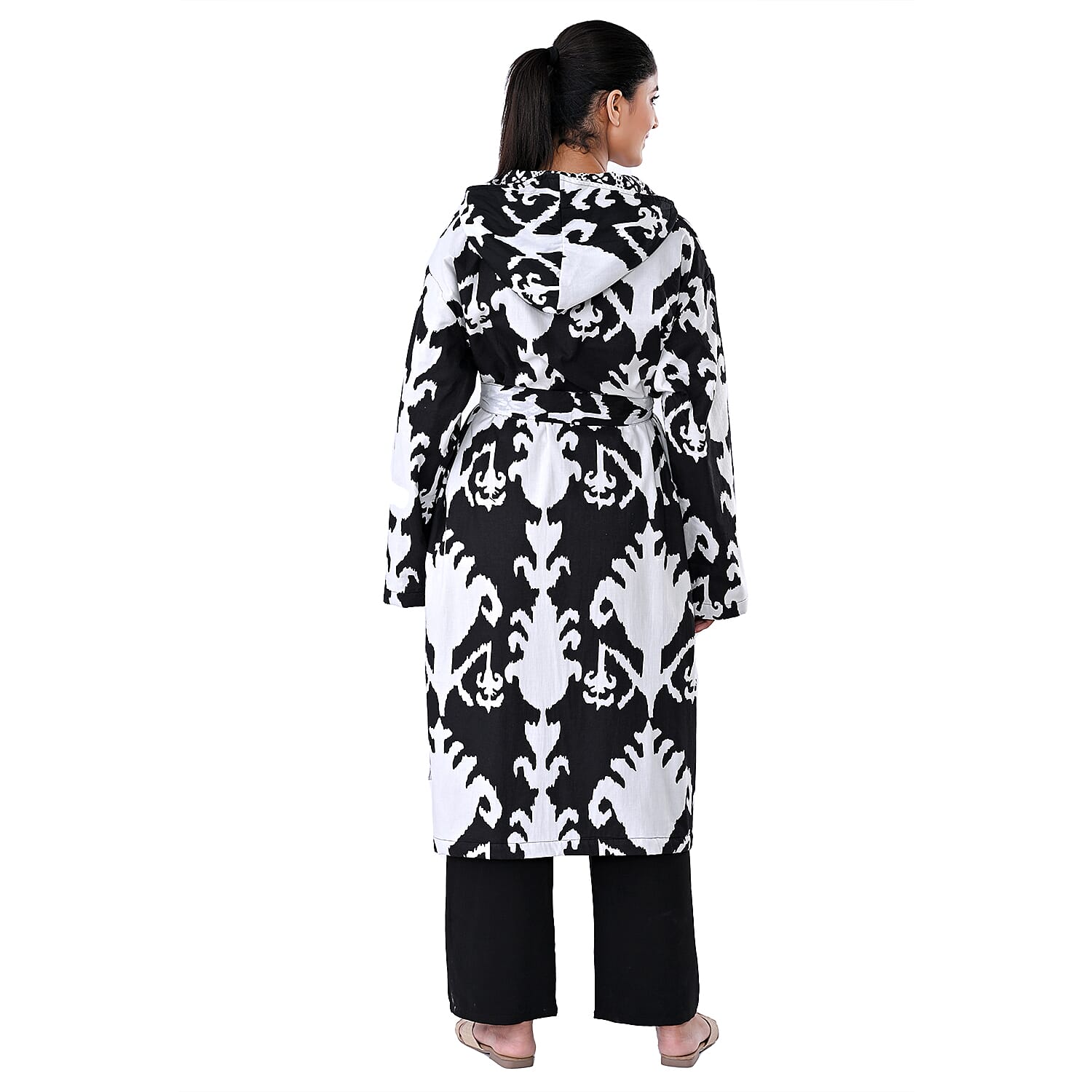 LA MAREY Black Ikat 100% Cotton Cambric Hand Printed Oversize Long Coat with Hood and Pockets- One Size Fits Most