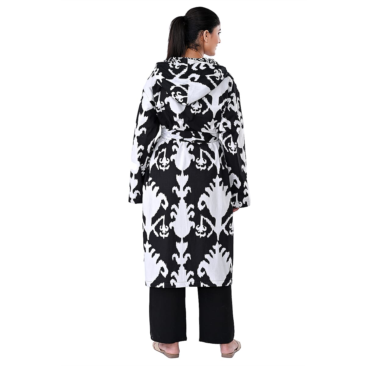 LA MAREY Black Ikat 100% Cotton Cambric Hand Printed Oversize Long Coat with Hood and Pockets- One Size Fits Most image number 3