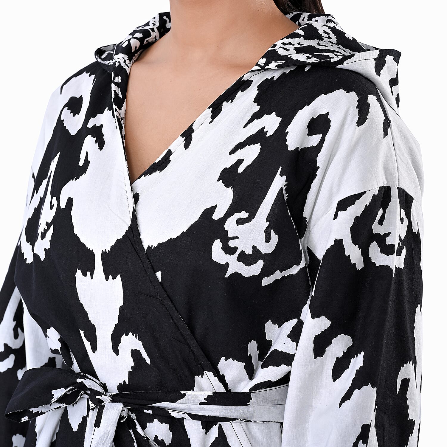 LA MAREY Black Ikat 100% Cotton Cambric Hand Printed Oversize Long Coat with Hood and Pockets- One Size Fits Most