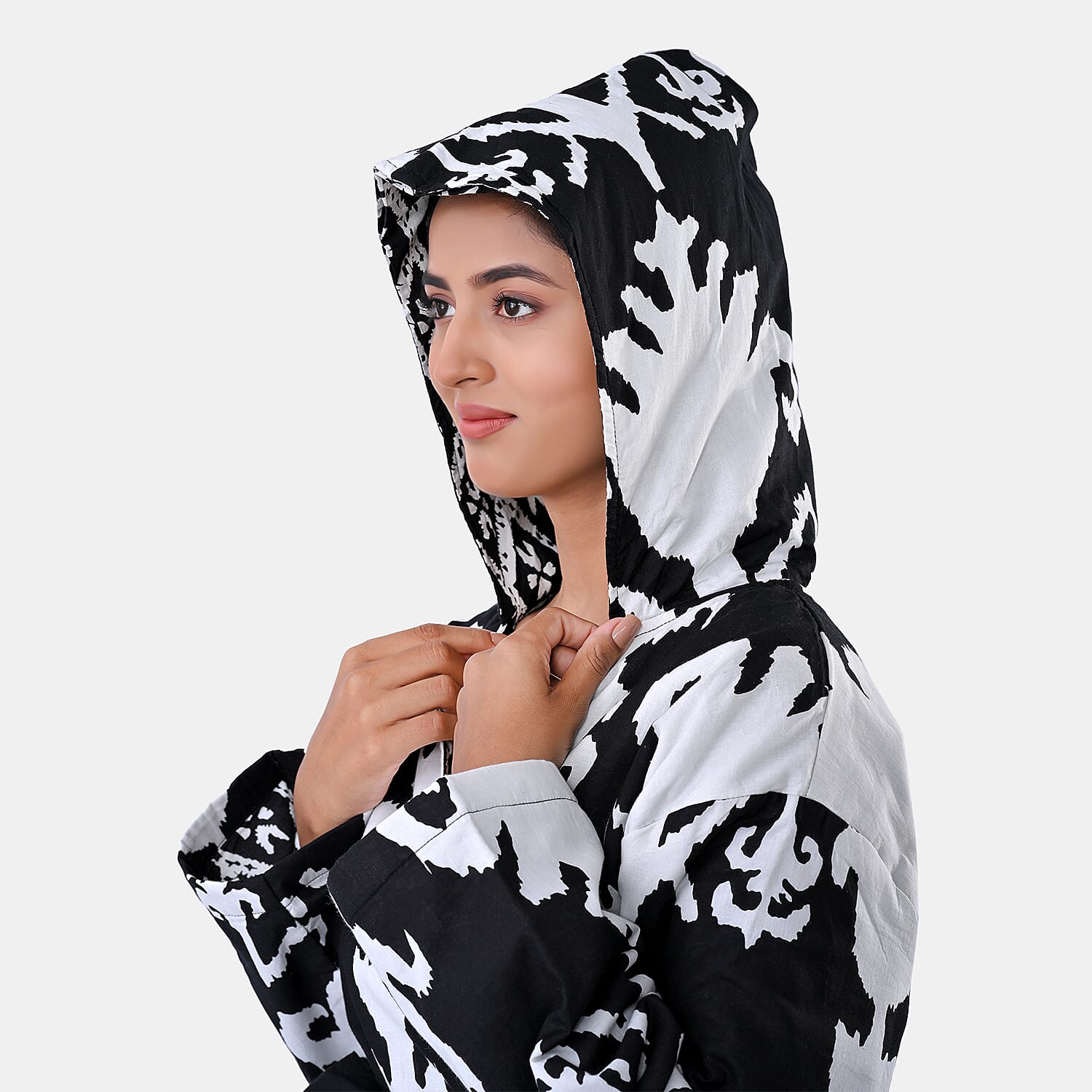 LA MAREY Black Ikat 100% Cotton Cambric Hand Printed Oversize Long Coat with Hood and Pockets- One Size Fits Most