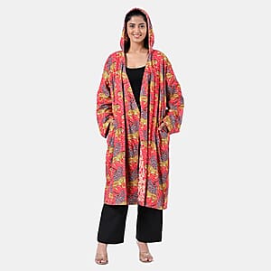 LA MAREY Red Jaguar 100% Cotton Cambric Hand Printed Oversize Long Coat with Hood and Pockets- One Size Fits Most
