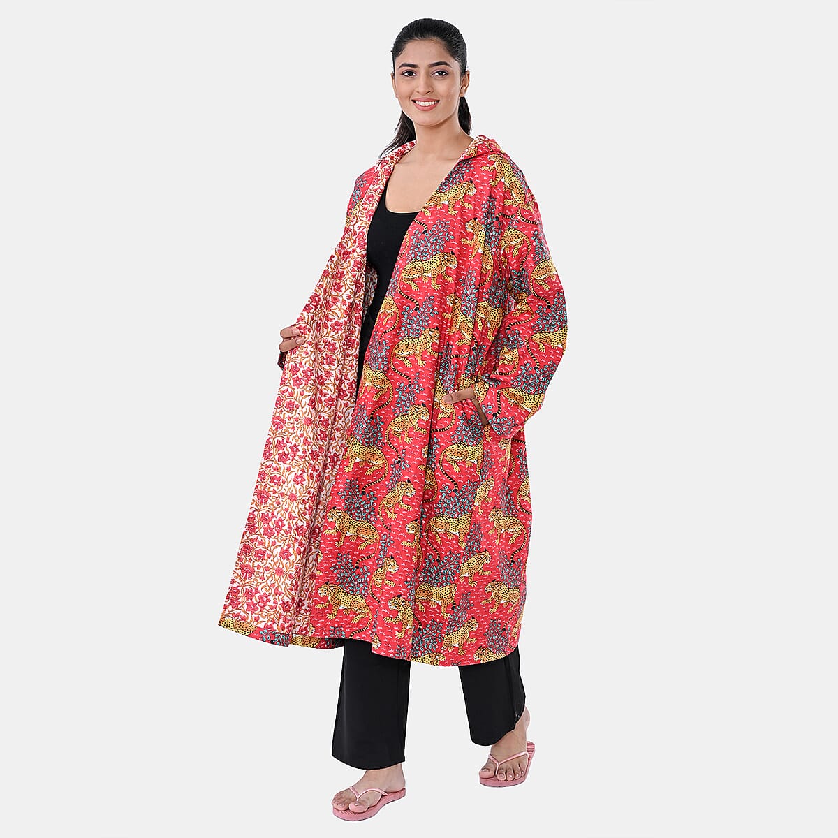 LA MAREY Red Jaguar 100% Cotton Cambric Hand Printed Oversize Long Coat with Hood and Pockets- One Size Fits Most image number 1