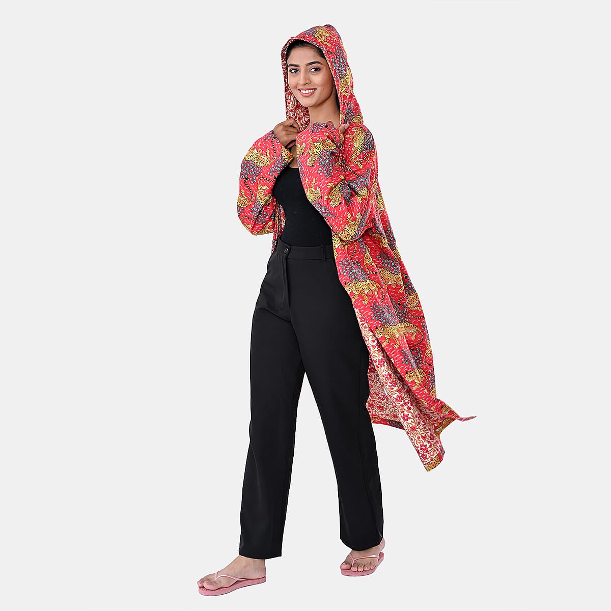 LA MAREY Red Jaguar 100% Cotton Cambric Hand Printed Oversize Long Coat with Hood and Pockets- One Size Fits Most image number 3