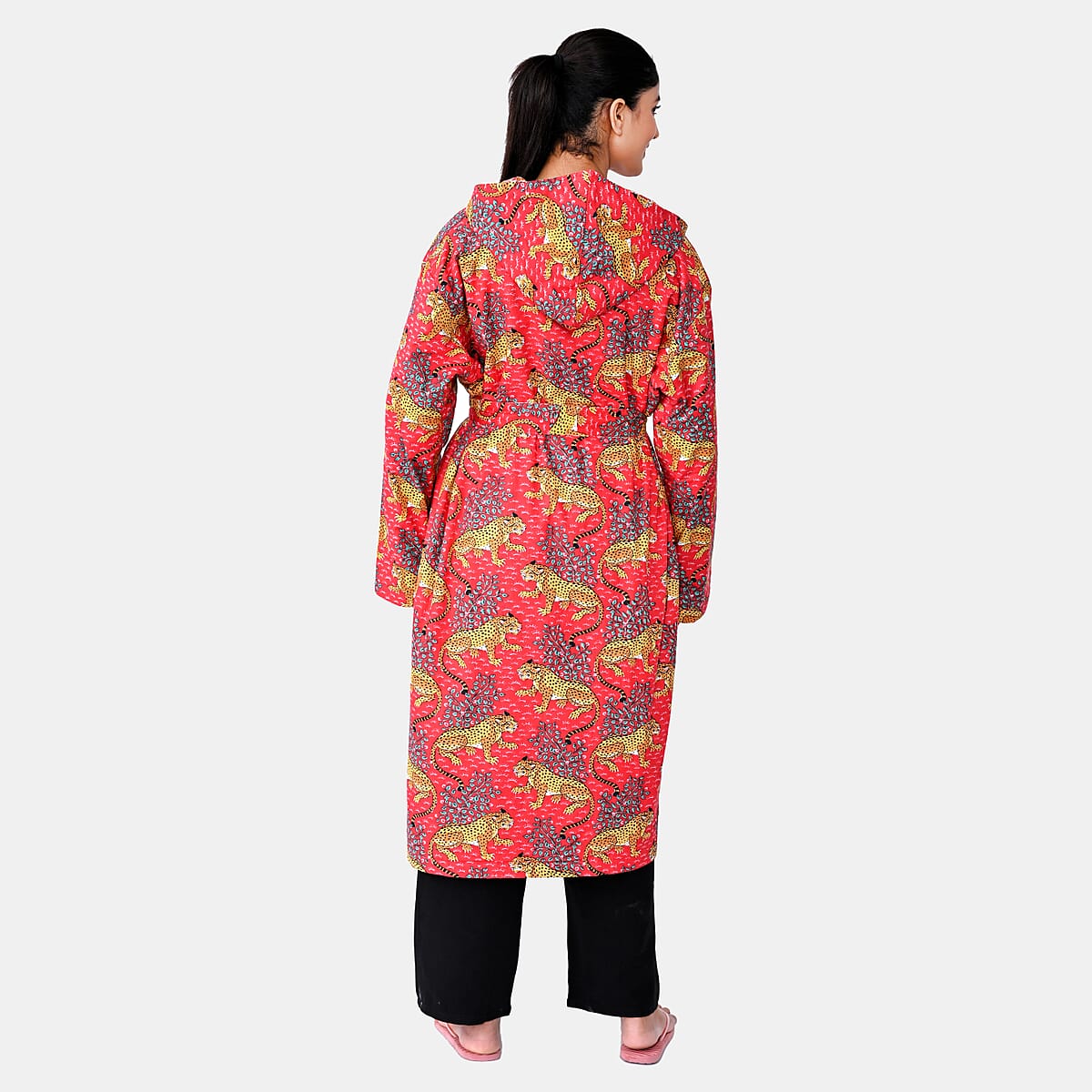 LA MAREY Red Jaguar 100% Cotton Cambric Hand Printed Oversize Long Coat with Hood and Pockets- One Size Fits Most image number 5