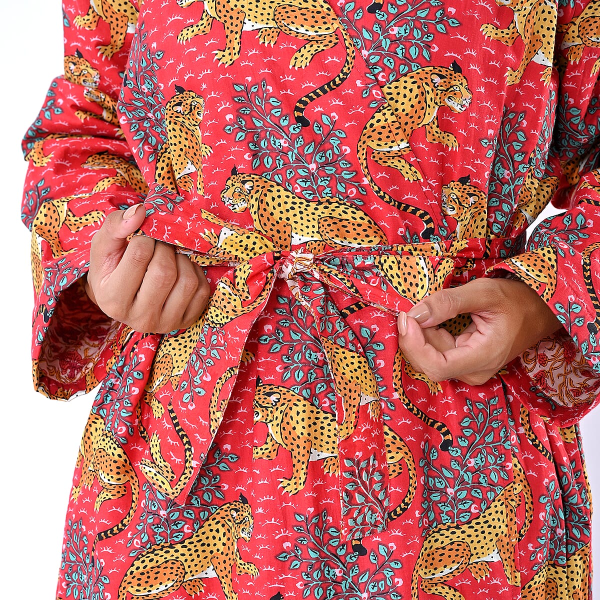 LA MAREY Red Jaguar 100% Cotton Cambric Hand Printed Oversize Long Coat with Hood and Pockets- One Size Fits Most image number 6