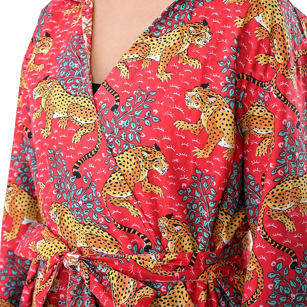 LA MAREY Red Jaguar 100% Cotton Cambric Hand Printed Oversize Long Coat with Hood and Pockets- One Size Fits Most image number 7