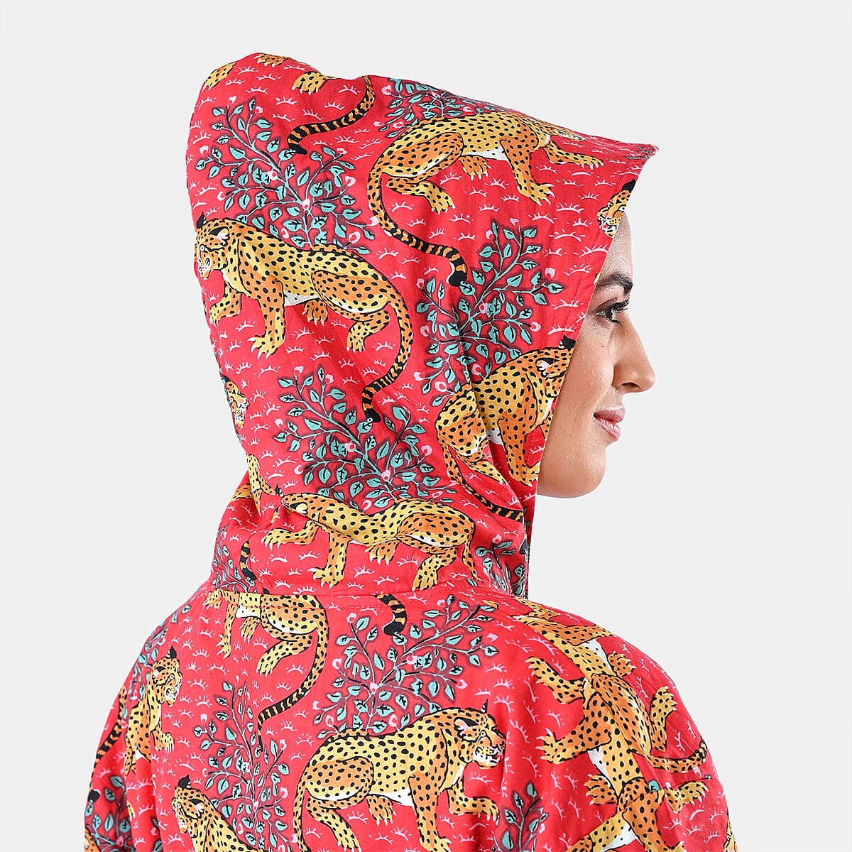 LA MAREY Red Jaguar 100% Cotton Cambric Hand Printed Oversize Long Coat with Hood and Pockets- One Size Fits Most image number 8