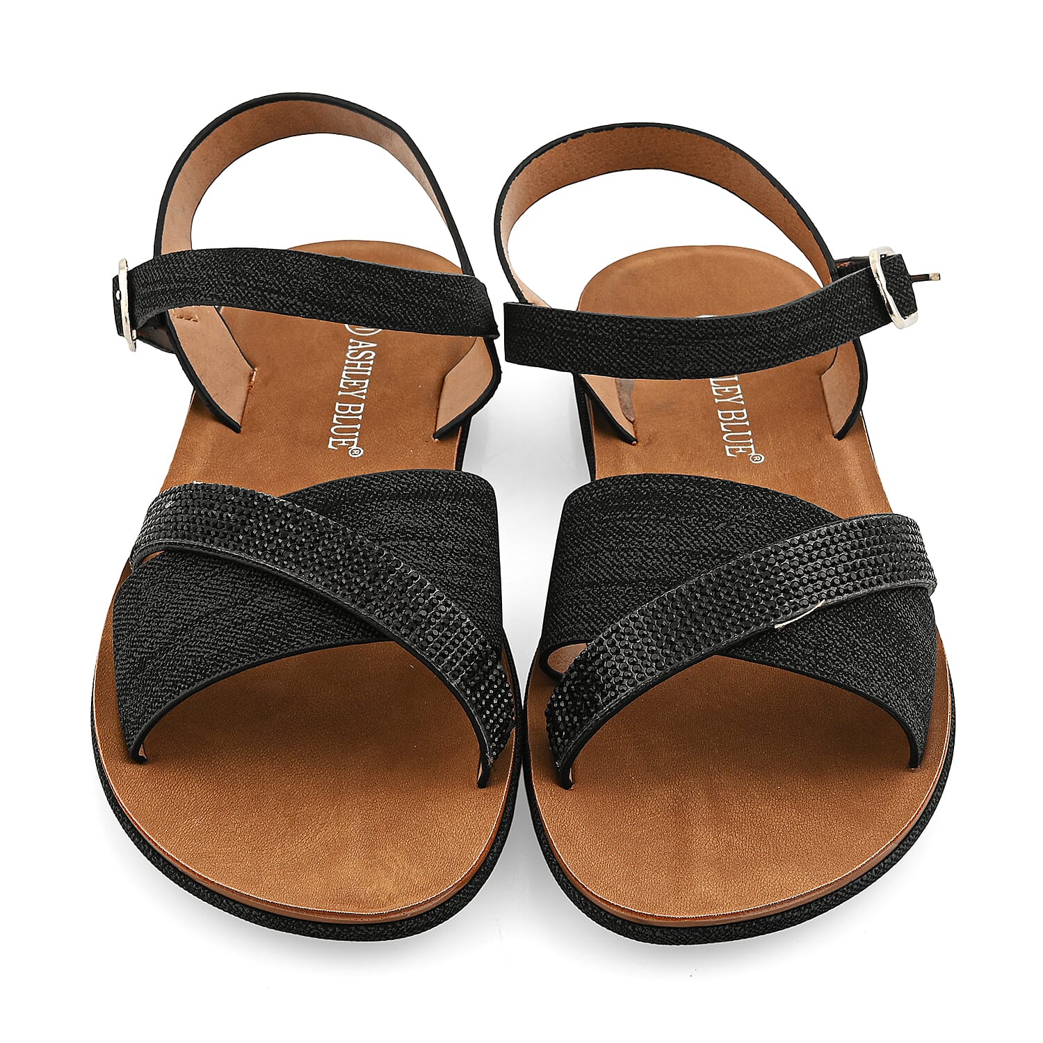 Ashley Black Denim Rhinestone Buckle Sandals - Size 6
