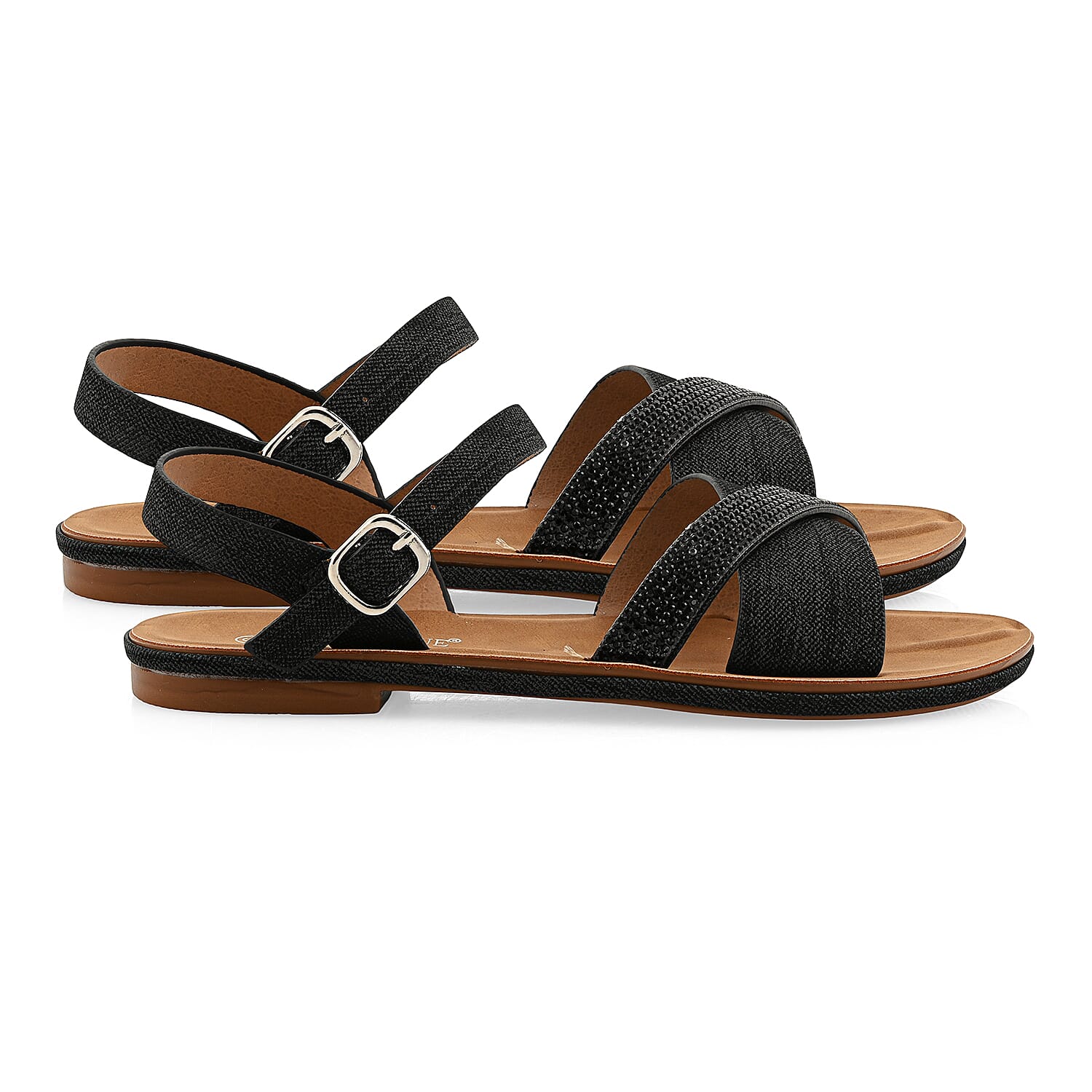 Ashley Black Denim Rhinestone Buckle Sandals - Size 6