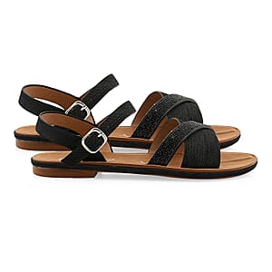 Ashley Black Denim Rhinestone Buckle Sandals - Size 6