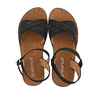 Ashley Black Denim Rhinestone Buckle Sandals - Size 6