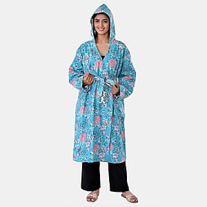 LA MAREY Teal Floral 100% Cotton Cambric Hand Printed Oversize Long Coat with Hood and Pockets- One Size Fits Most