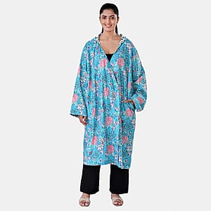 LA MAREY Teal Floral 100% Cotton Cambric Hand Printed Oversize Long Coat with Hood and Pockets- One Size Fits Most