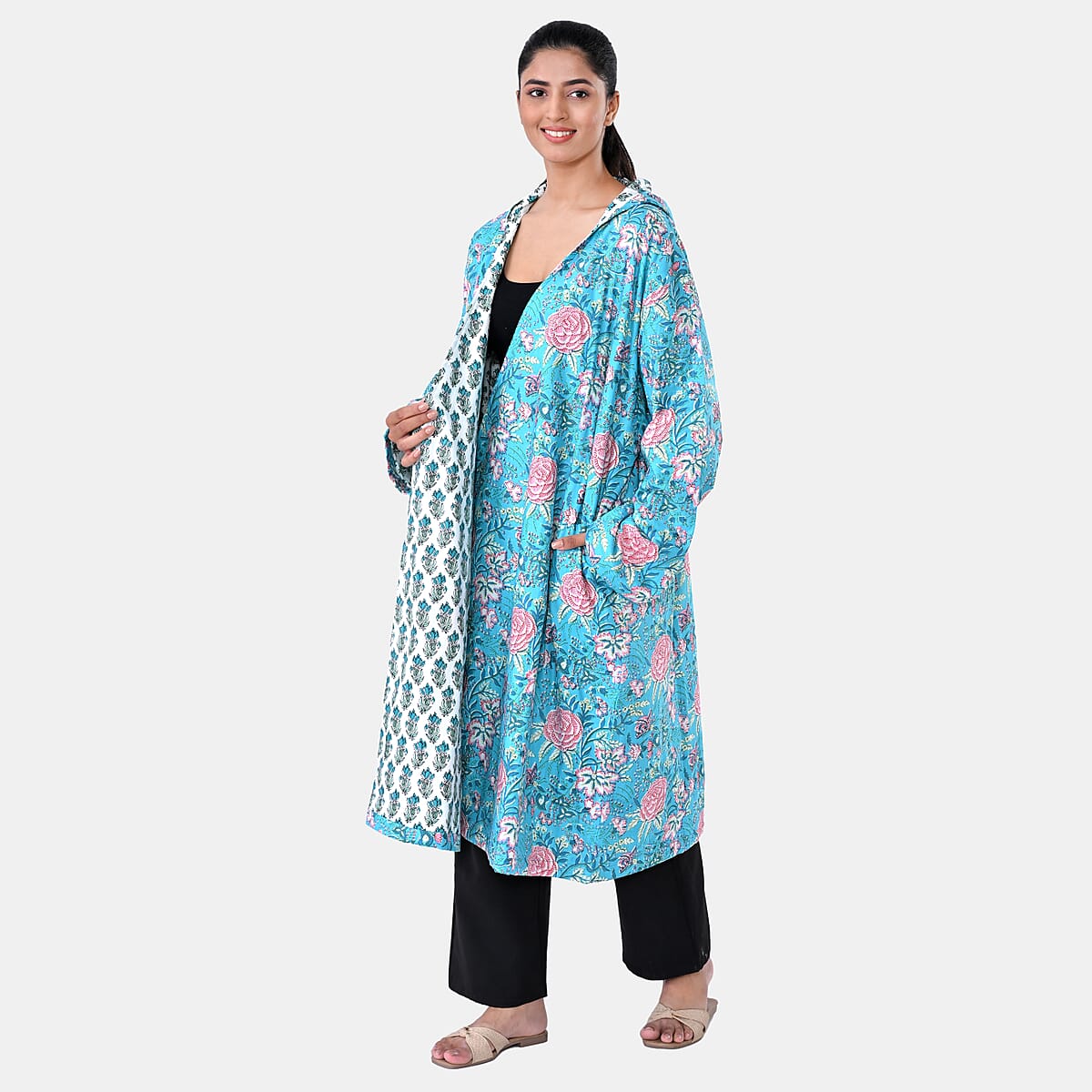 LA MAREY Teal Floral 100% Cotton Cambric Hand Printed Oversize Long Coat with Hood and Pockets- One Size Fits Most image number 2