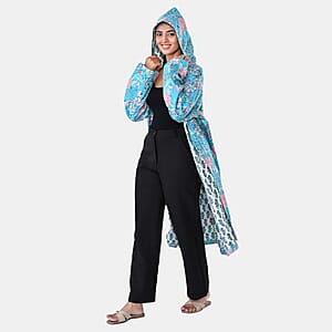 LA MAREY Teal Floral 100% Cotton Cambric Hand Printed Oversize Long Coat with Hood and Pockets- One Size Fits Most