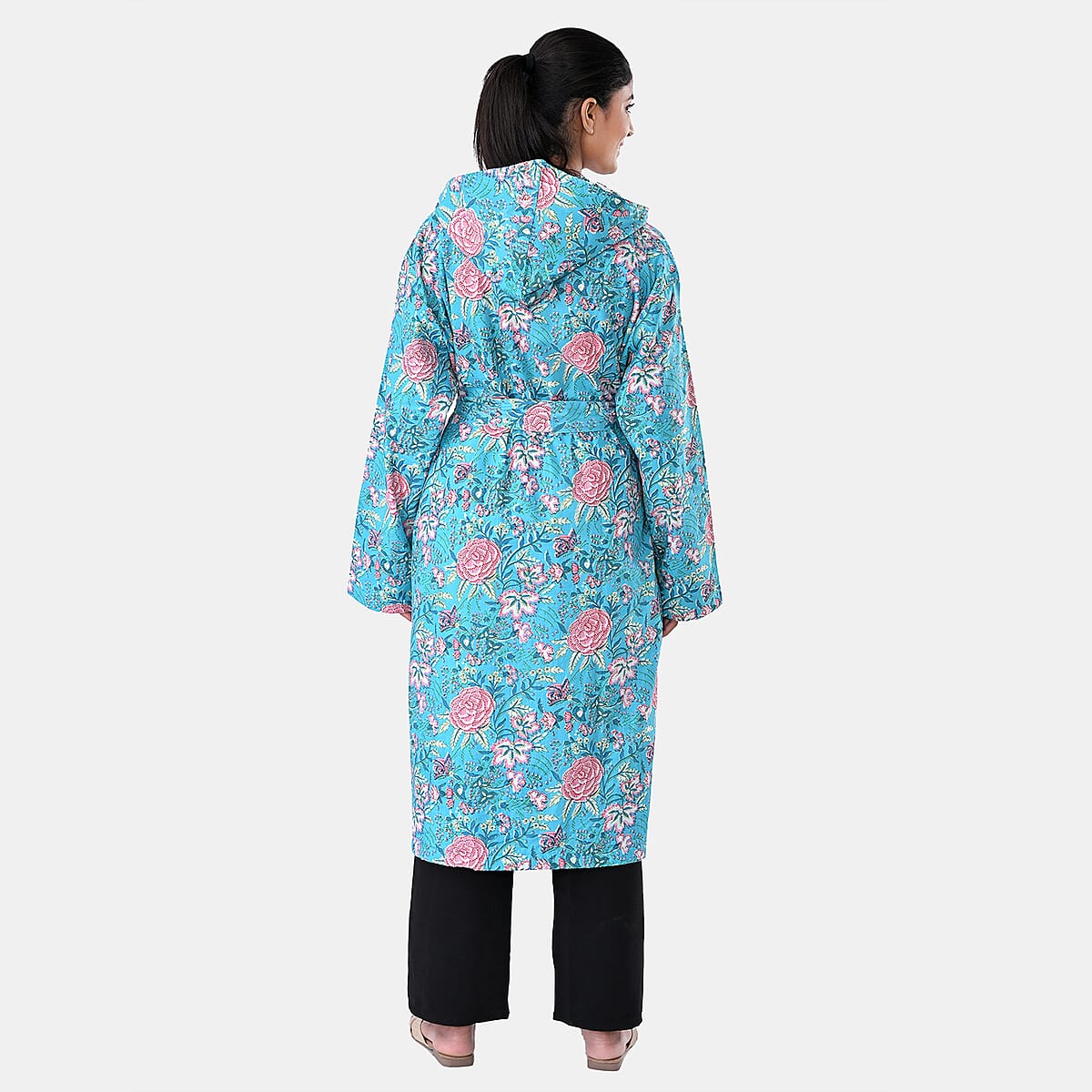 LA MAREY Teal Floral 100% Cotton Cambric Hand Printed Oversize Long Coat with Hood and Pockets- One Size Fits Most image number 4