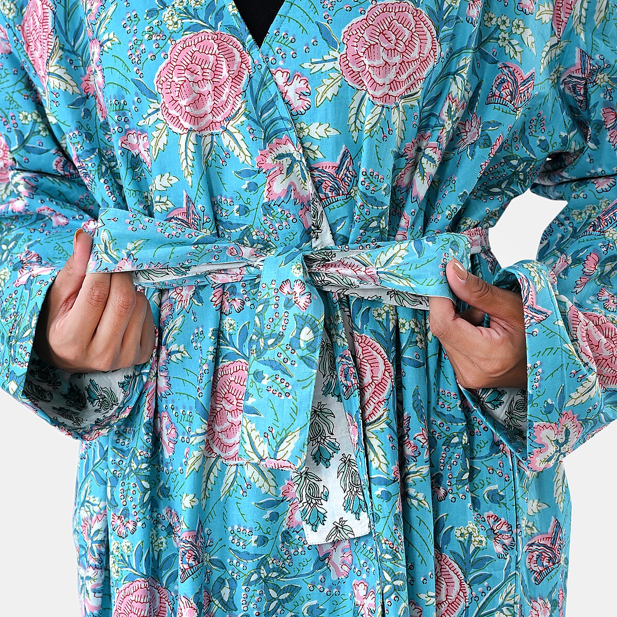 LA MAREY Teal Floral 100% Cotton Cambric Hand Printed Oversize Long Coat with Hood and Pockets- One Size Fits Most image number 5