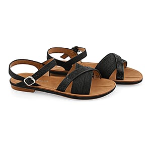 Ashley Black Denim Rhinestone Buckle Sandals - Size 10