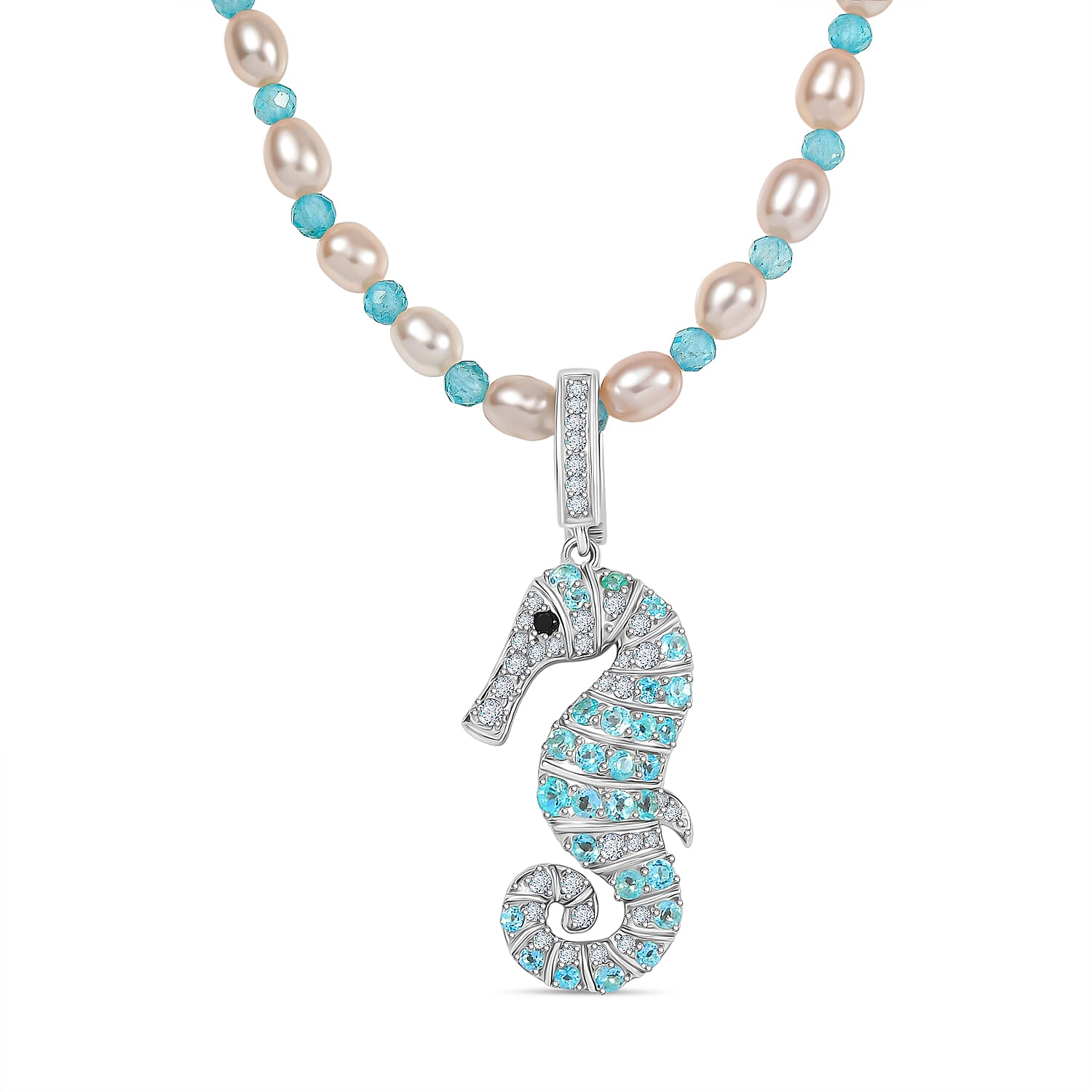 GP Freshwater Pearl and Multi Gemstone 14.90 ctw Necklace (20 Inches) in Rhodium Over Sterling Silver