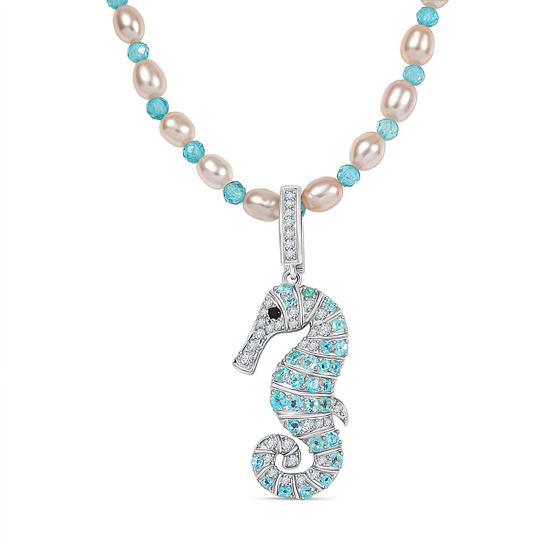 GP Freshwater Pearl and Multi Gemstone 14.90 ctw Necklace (20 Inches) in Rhodium Over Sterling Silver