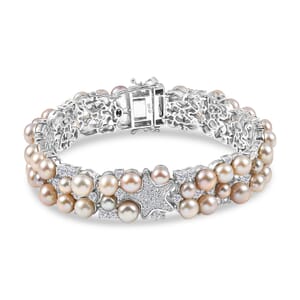 GP Capri Special Collection Freshwater Pearl and White Zircon 10.50 ctw Bracelet in Rhodium Over Sterling Silver (7.25 In)