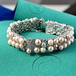 GP Capri Special Collection Freshwater Pearl and White Zircon 10.50 ctw Bracelet in Rhodium Over Sterling Silver (7.25 In)