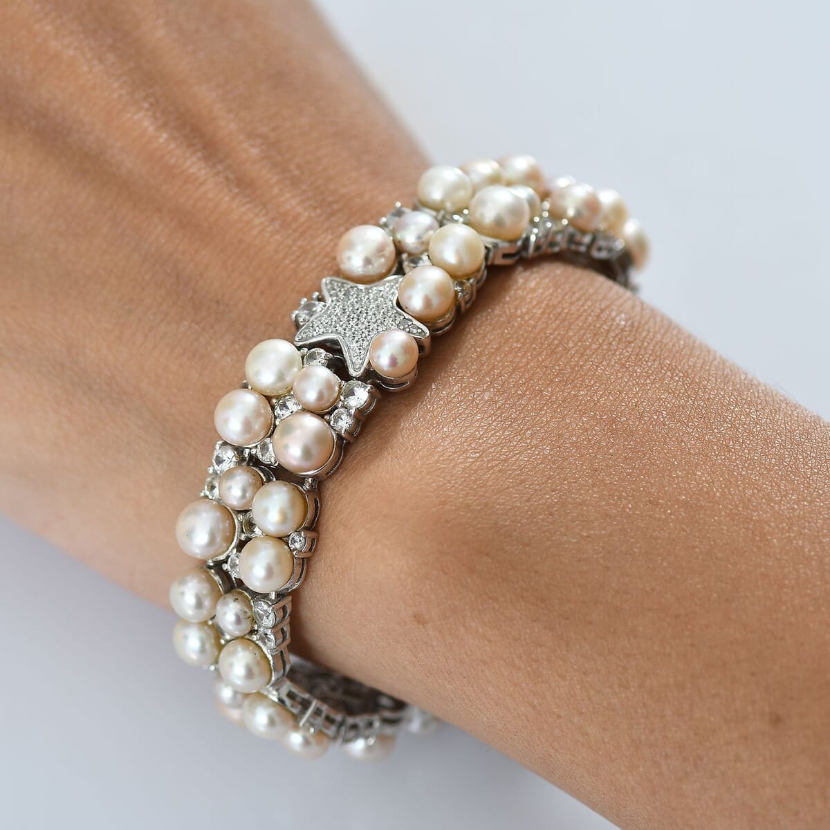 GP Capri Special Collection Freshwater Pearl and White Zircon 10.50 ctw Bracelet in Rhodium Over Sterling Silver (7.25 In) image number 2