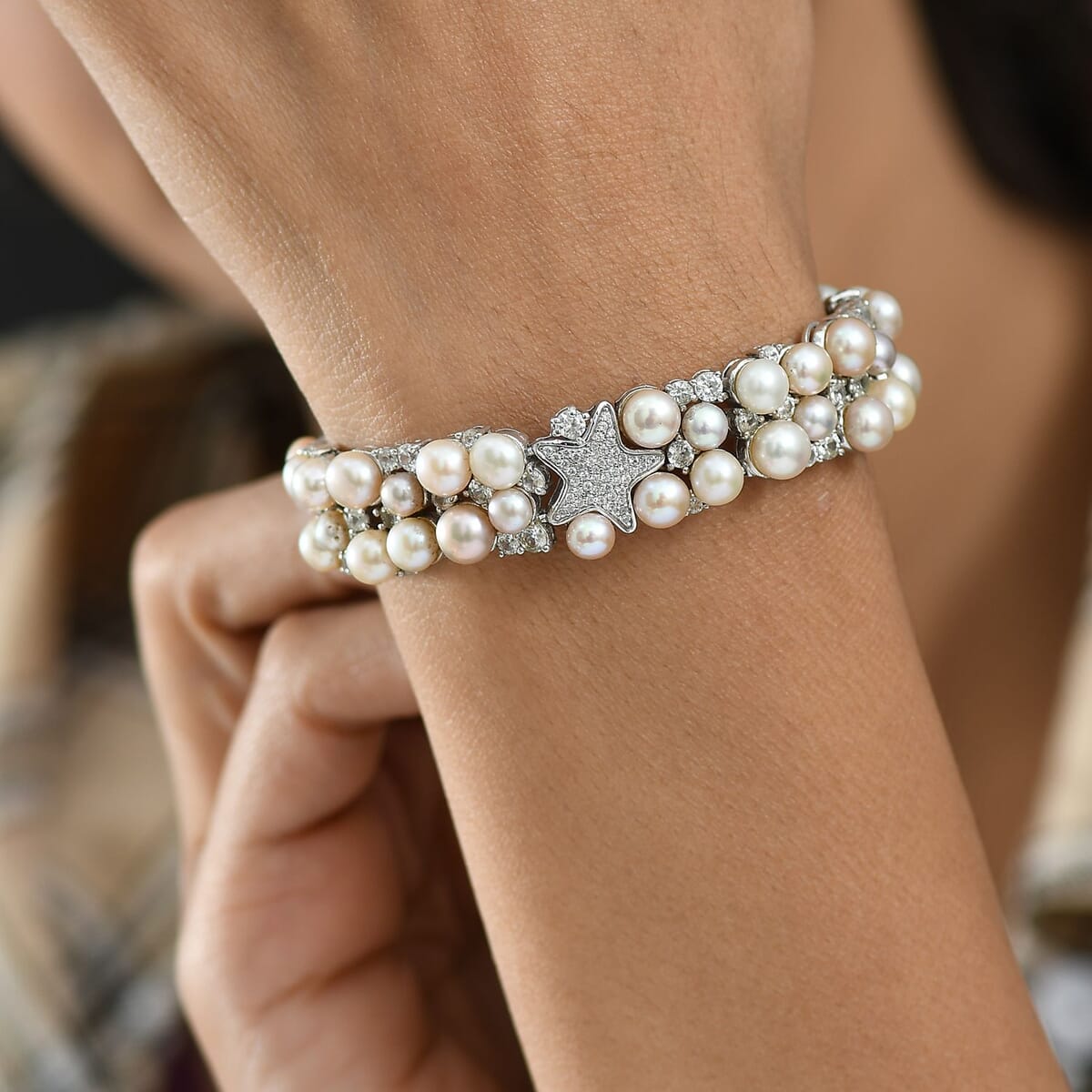 GP Capri Special Collection Freshwater Pearl and White Zircon 10.50 ctw Bracelet in Rhodium Over Sterling Silver (7.25 In) image number 3