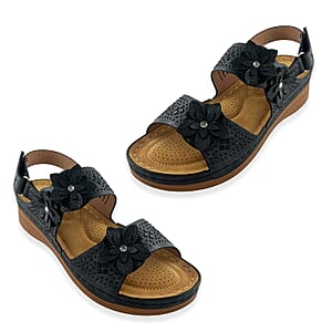 Cherokee Black Laser Cut Flower Sandal with Rhinestone and Velcro Closure - Size 7