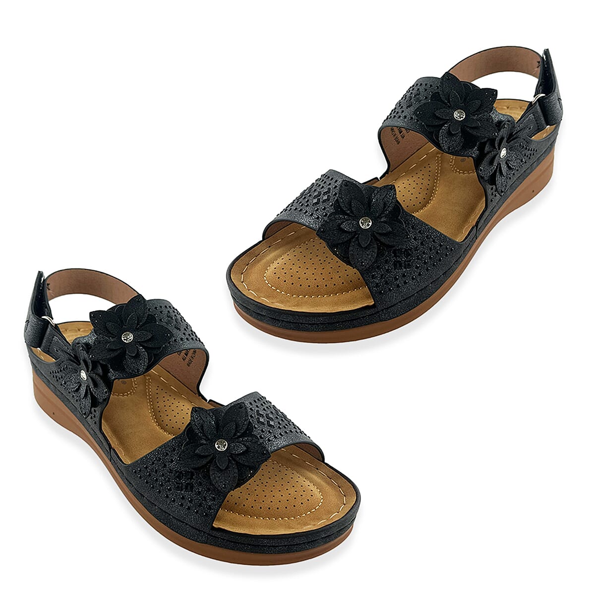 Cherokee Black Laser Cut Flower Sandal with Rhinestone and Velcro Closure - Size 8 image number 0