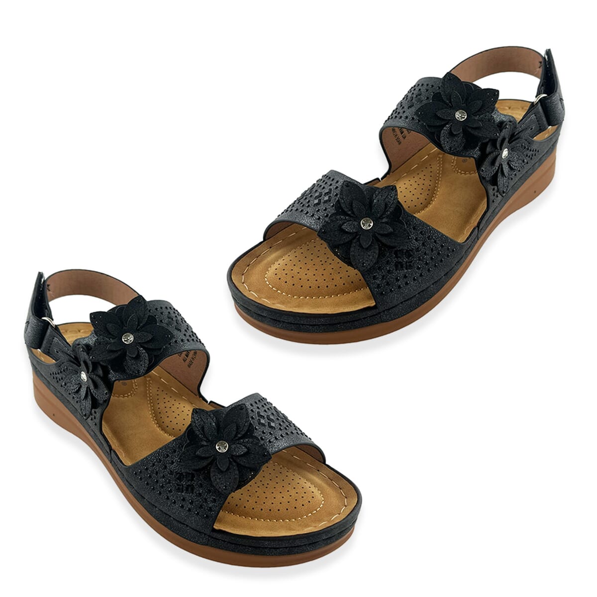 Cherokee Black Laser Cut Flower Sandal with Rhinestone and Velcro Closure - Size 11 image number 0