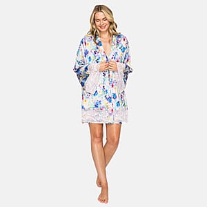 Badgley Mischka Blue Floral Satin Robe with Lace and Rhinestone Lace Trim - M