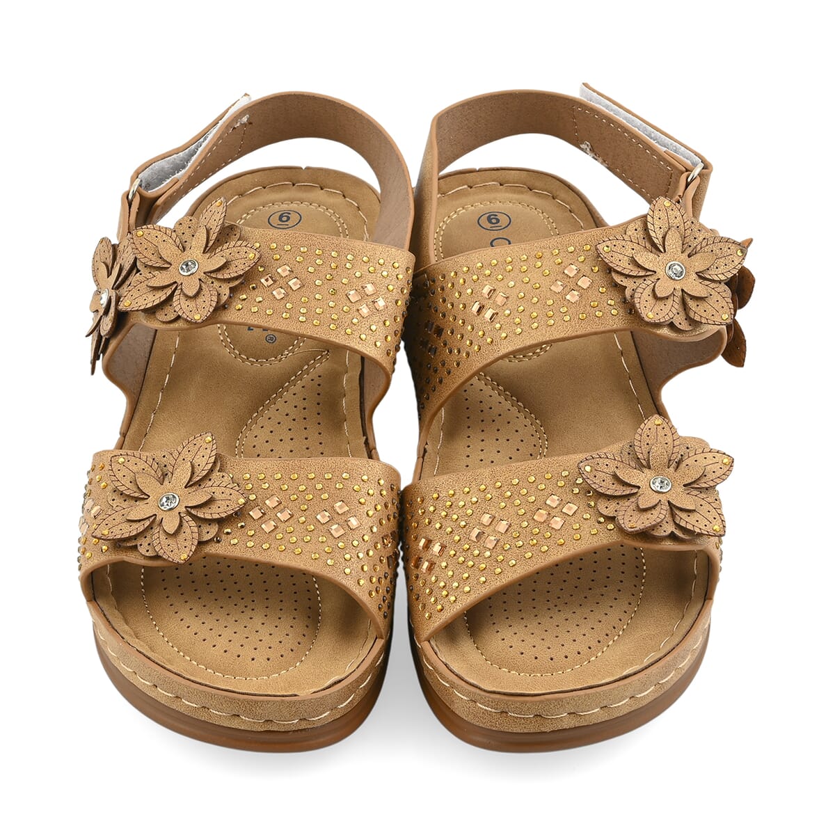 Cherokee Camel Laser Cut Flower Sandal with Rhinestone and Velcro Closure - Size 7 image number 1