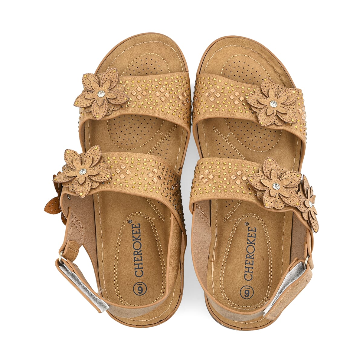 Cherokee Camel Laser Cut Flower Sandal with Rhinestone and Velcro Closure - Size 7 image number 3