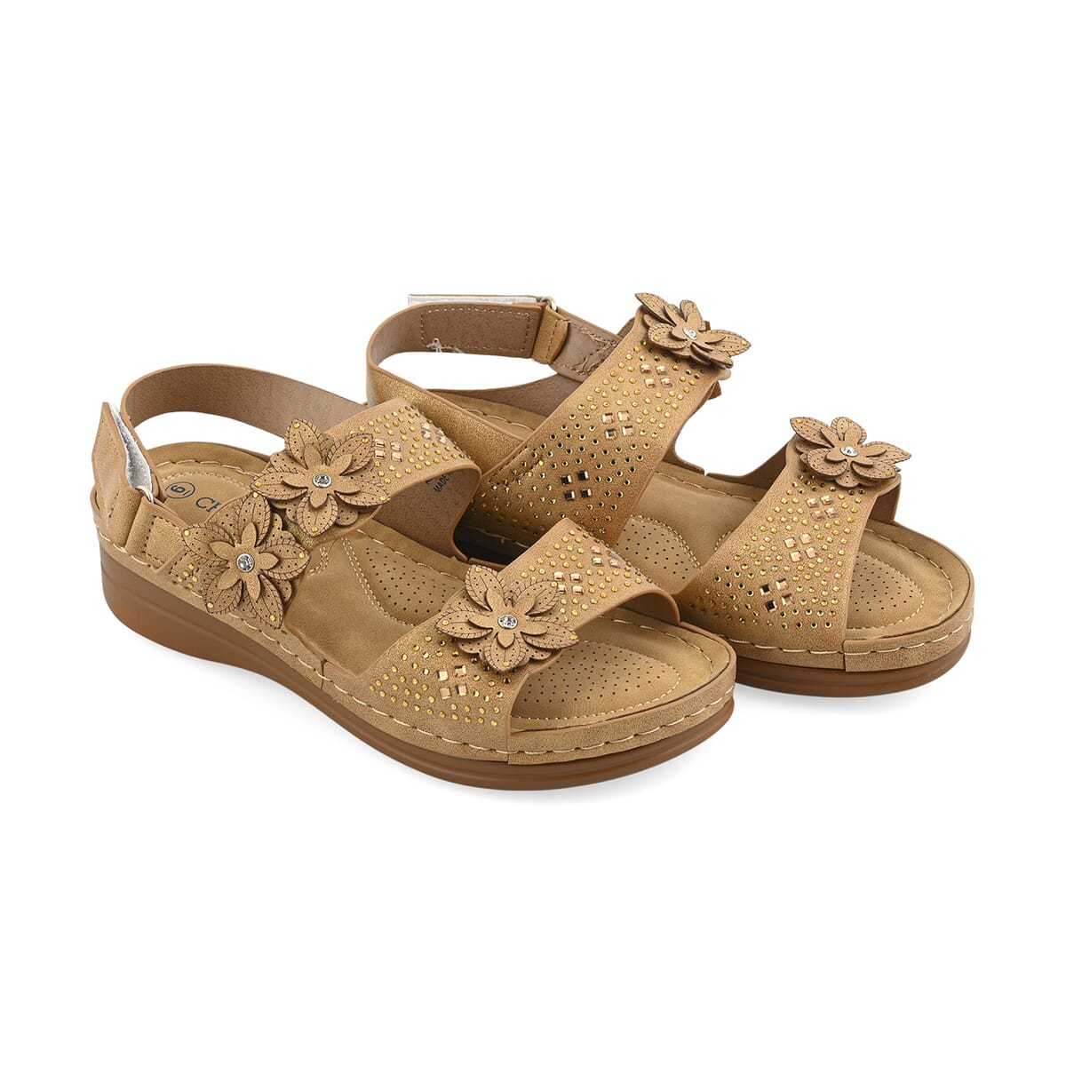 Cherokee Camel Laser Cut Flower Sandal with Rhinestone and Velcro Closure - Size 10 image number 0
