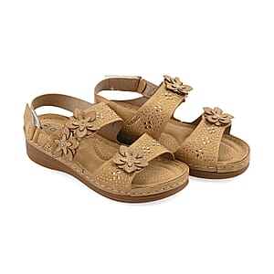 Cherokee Camel Laser Cut Flower Sandal with Rhinestone and Velcro Closure - Size 10