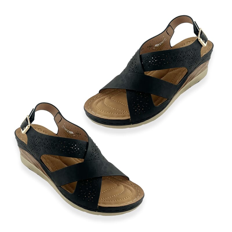 Cherokee Black Laser Cut Cross Strap Sandal - Size 6